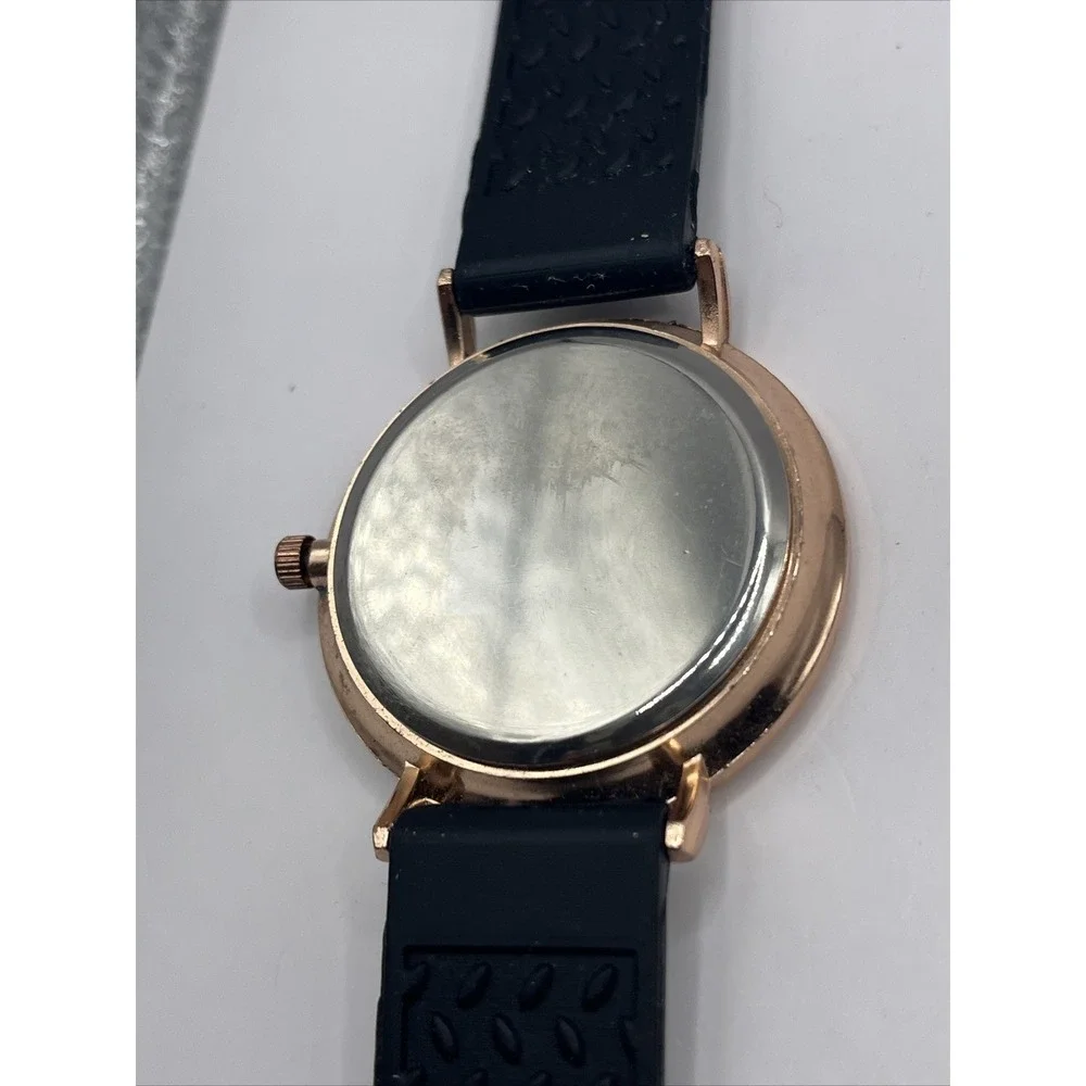 Unisex Quartz Watch Rose Gold‎ 39mm Case Black Silicone Band- New Battery